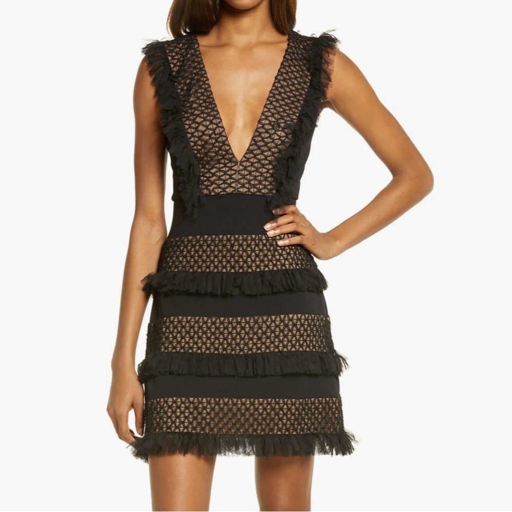 SHO Plunge Neck Tiered Ruffle Dress - Black
